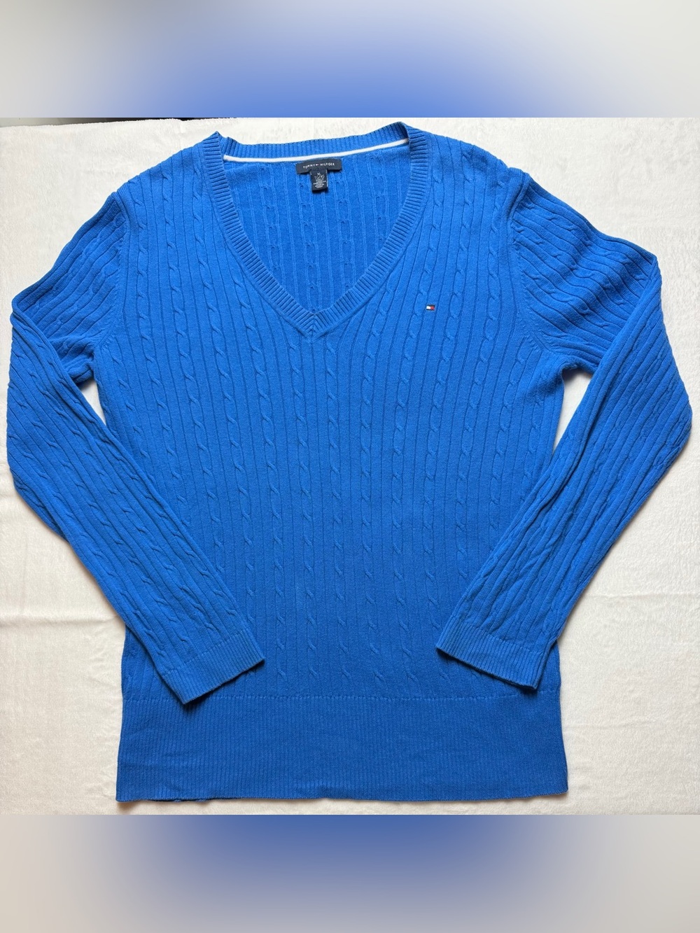 Tommy Hilfiger Blue Cable Knit V-Neck 100% Cotton Sweater XL